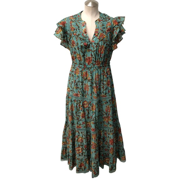 Sundance Dresses & Skirts - Sundance Maxi Dress Womens Medium Teal Floral Silk Blend Boho Ruffle Tiered
